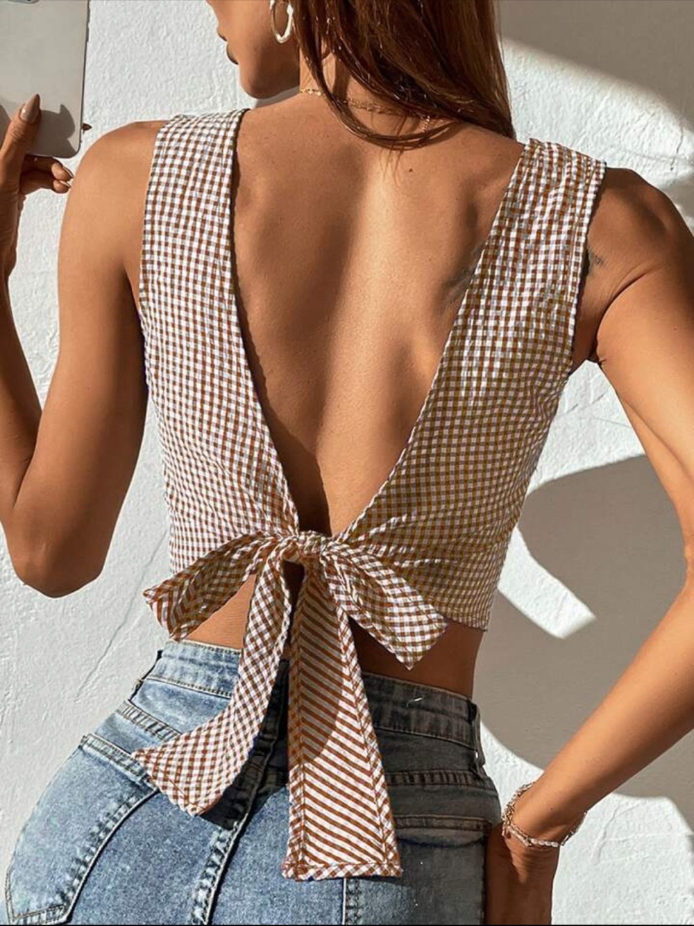 NWT Shein Frenchy tie back crop top tank small gingham brown white backless bow